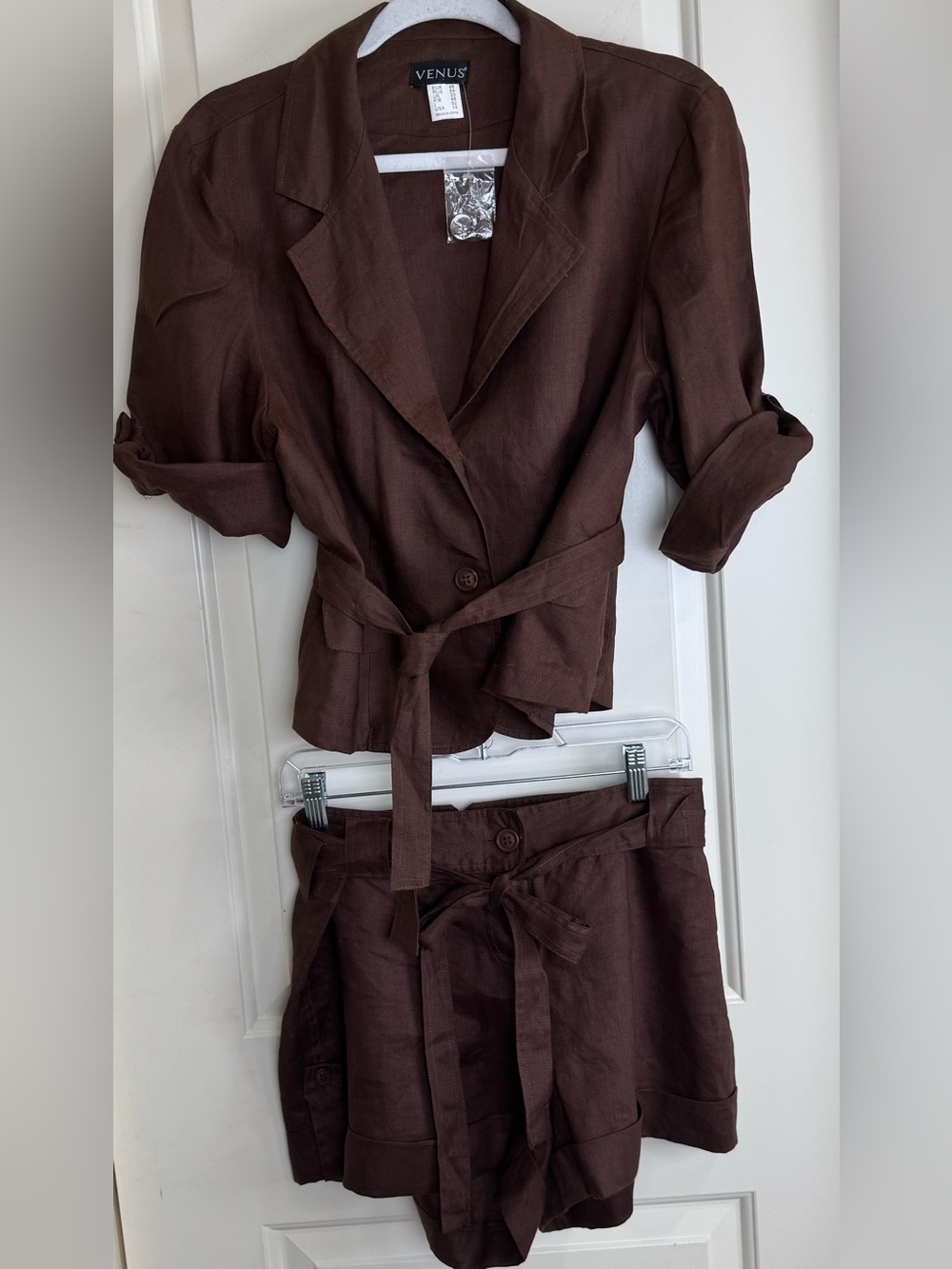 VENUS 100% Linen Brown Belted Blazer Shorts 2 Piece Set Size 14